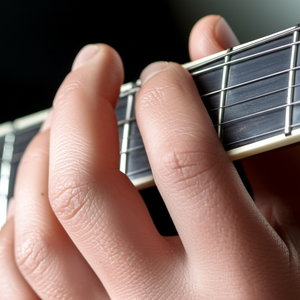 他正在练习吉他和弦。