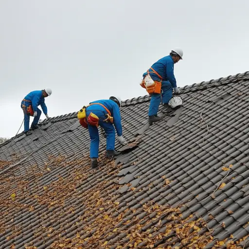 暴风雨过后，工人们正在修理屋顶。