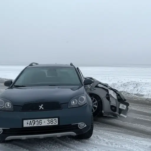 他在冰面上打滑，撞上了另一辆车。