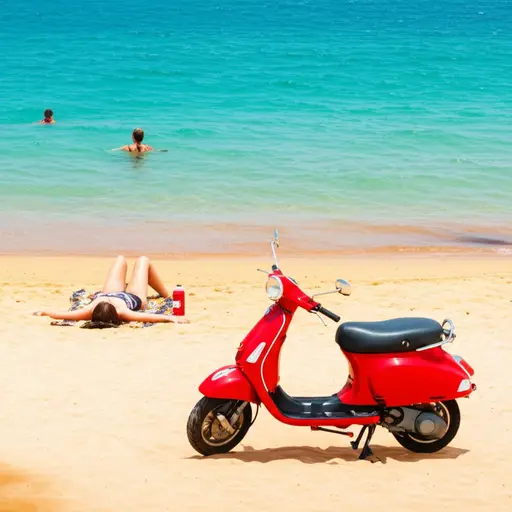 我在海里游泳，在金色的沙滩上晒日光浴，还骑了会儿小轮摩托车。