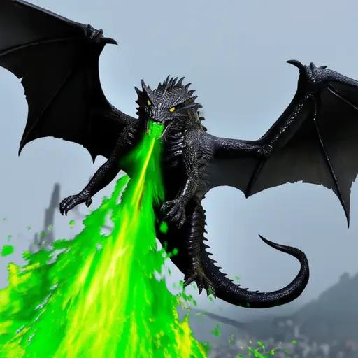 我们看到一只小黑龙，鳞片像铁一样，向我们冲来并吐酸液。