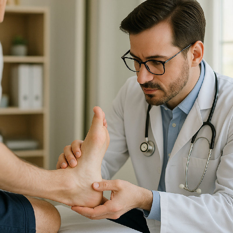 医生检查了他的脚弓，以确定他是否有扁平足。