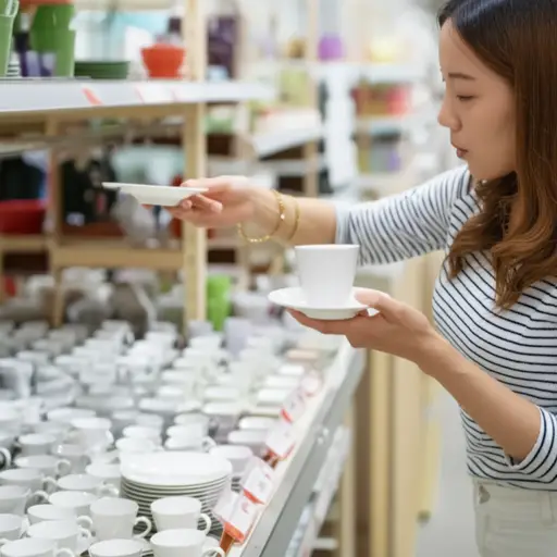 她买了一个杯子和碟子。