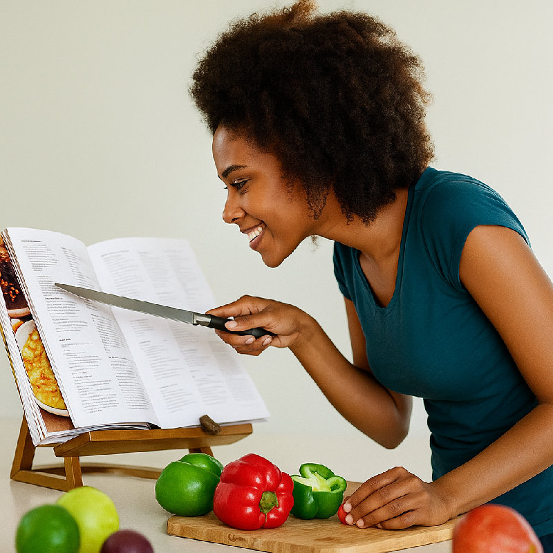 她按照食谱做菜。