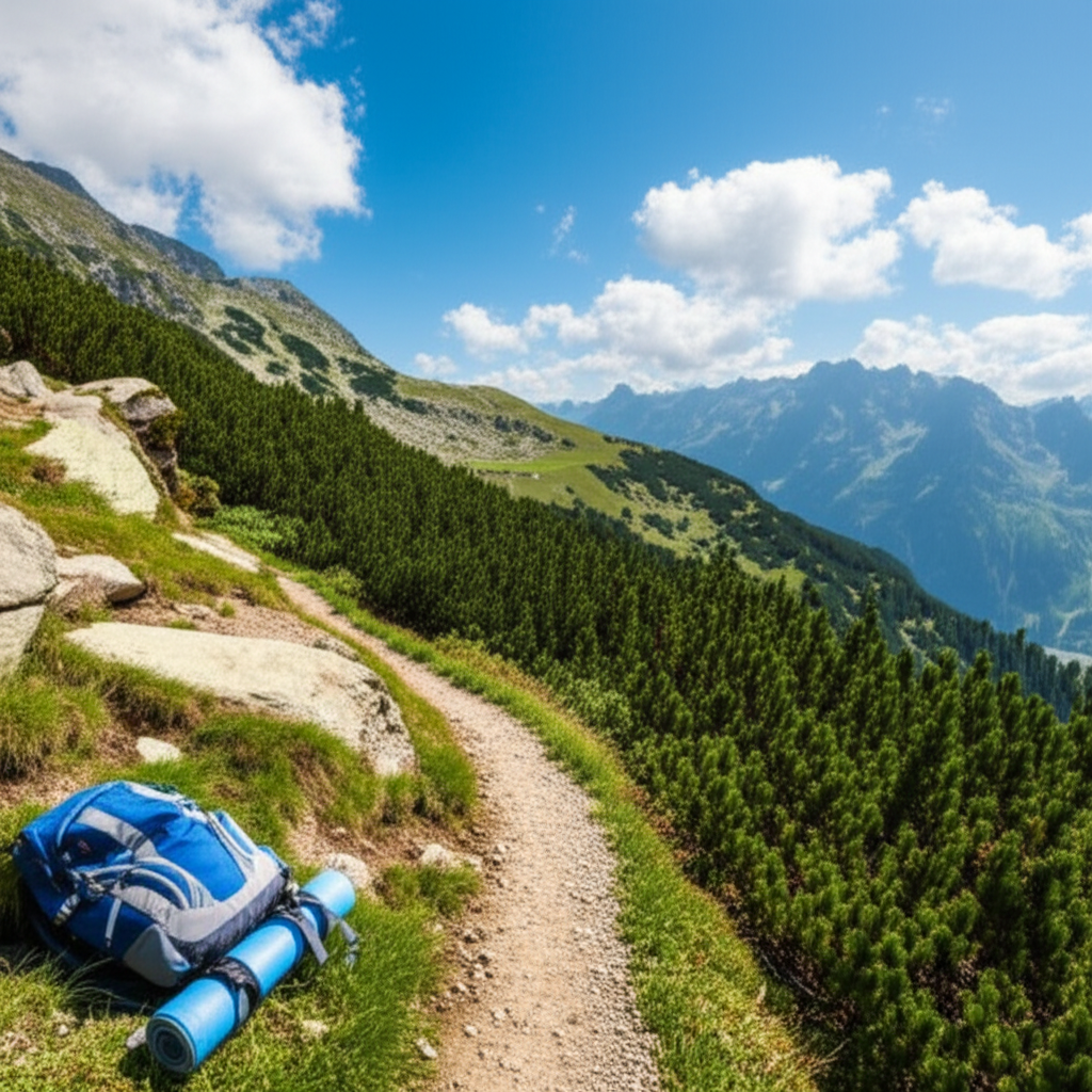 登山者把背包放在路边休息。