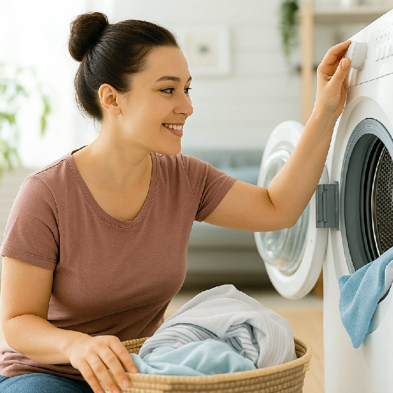 她每周洗一次衣服。