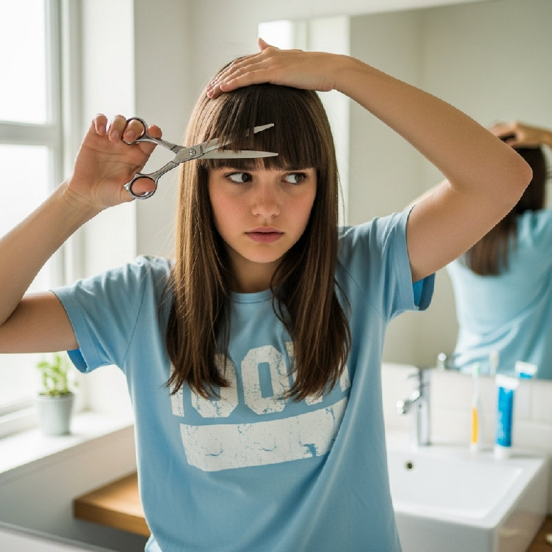 她决定剪刘海来换个新造型。