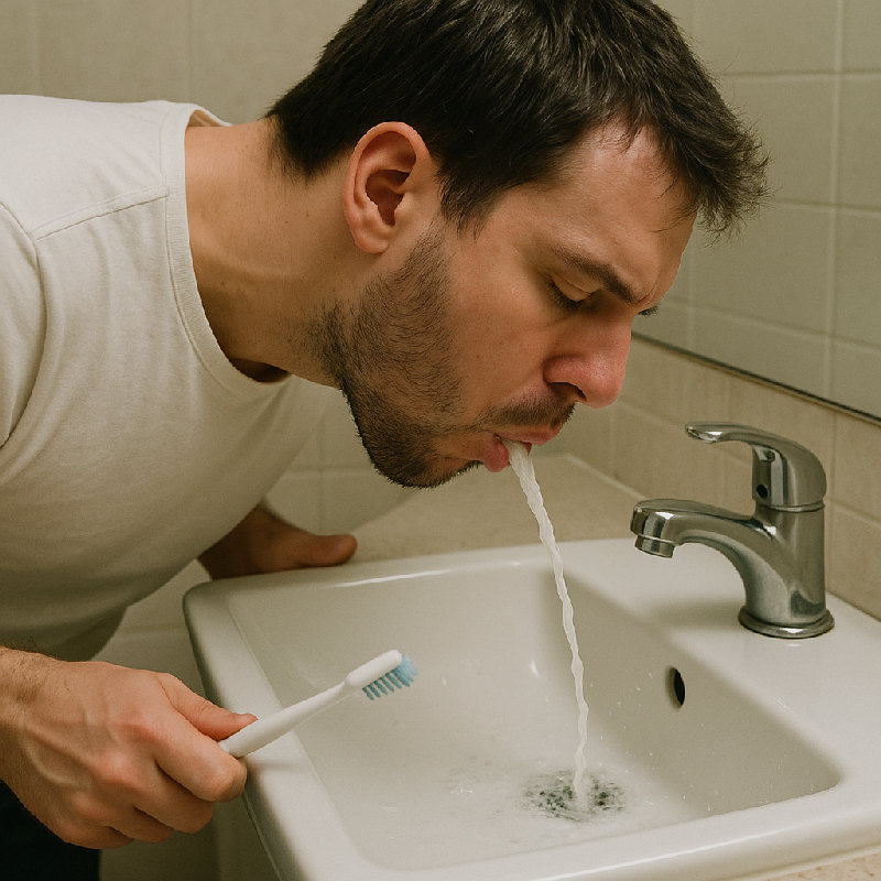 他刷完牙后把口水吐进了洗手池。