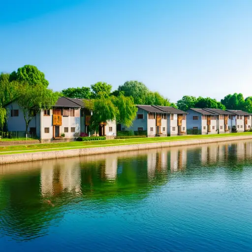 沿河有一排房子。