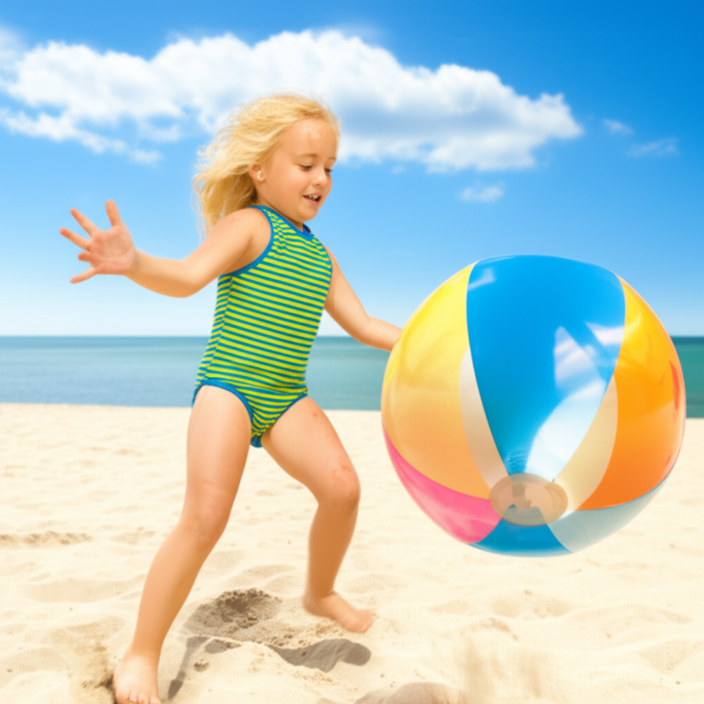 阳光明媚，她穿着泳衣在沙滩上玩耍。