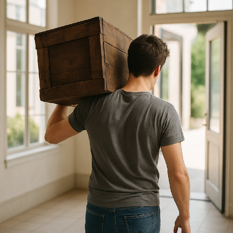 他扛起沉重的箱子，走了出去。