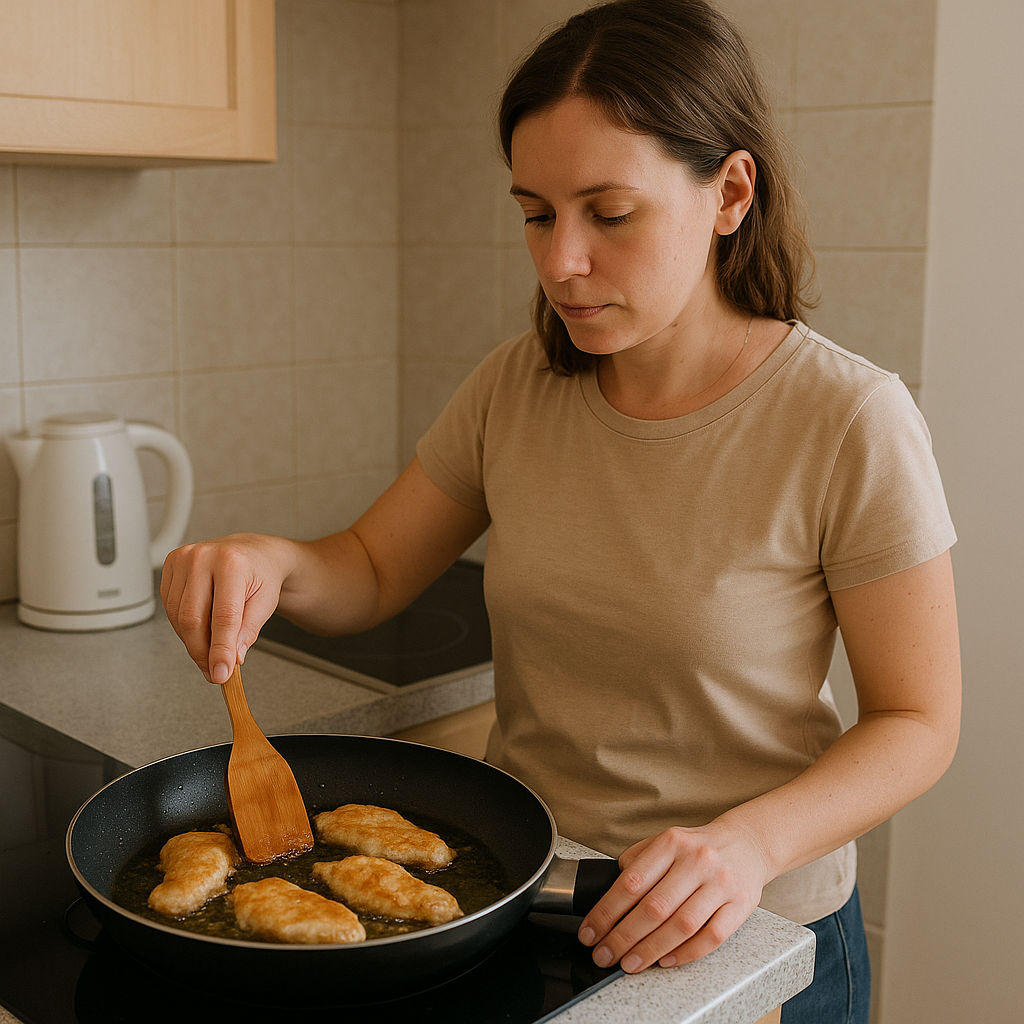 她正在锅里用油煎鸡肉。