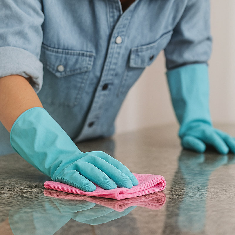 他用抹布擦拭台面。