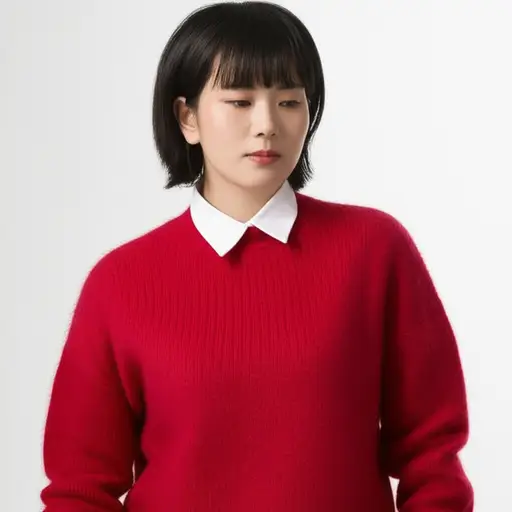 她在白衬衫外面套了一件红色套头衫。