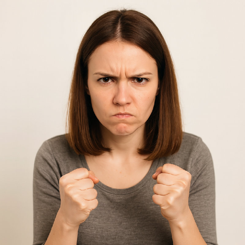 她愤怒地紧握拳头。