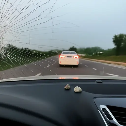 我开车回家时，一块小石子打碎了挡风玻璃。