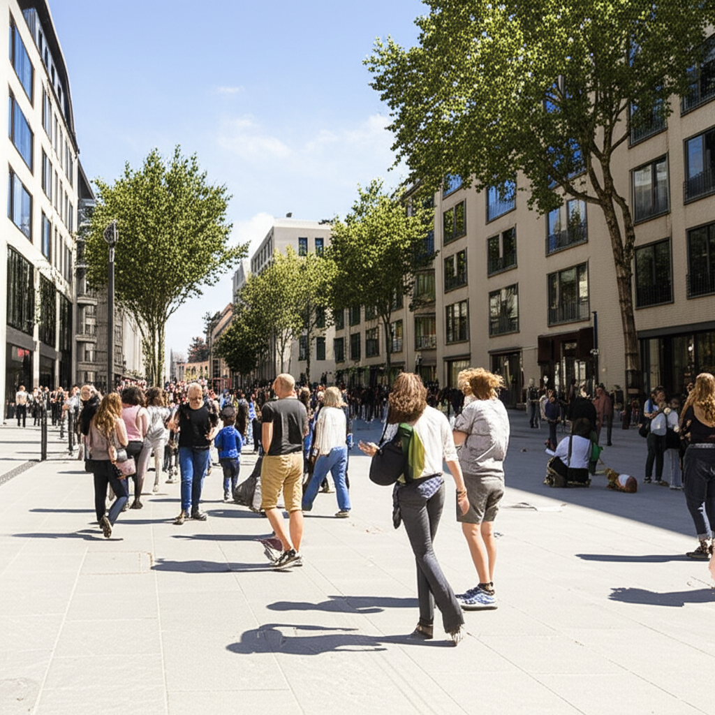 阳光明媚，人们在街上享受着美好的天气。