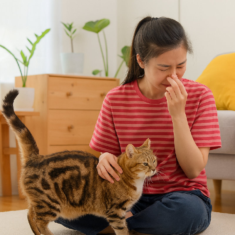她一靠近猫，鼻炎的症状就会恶化。