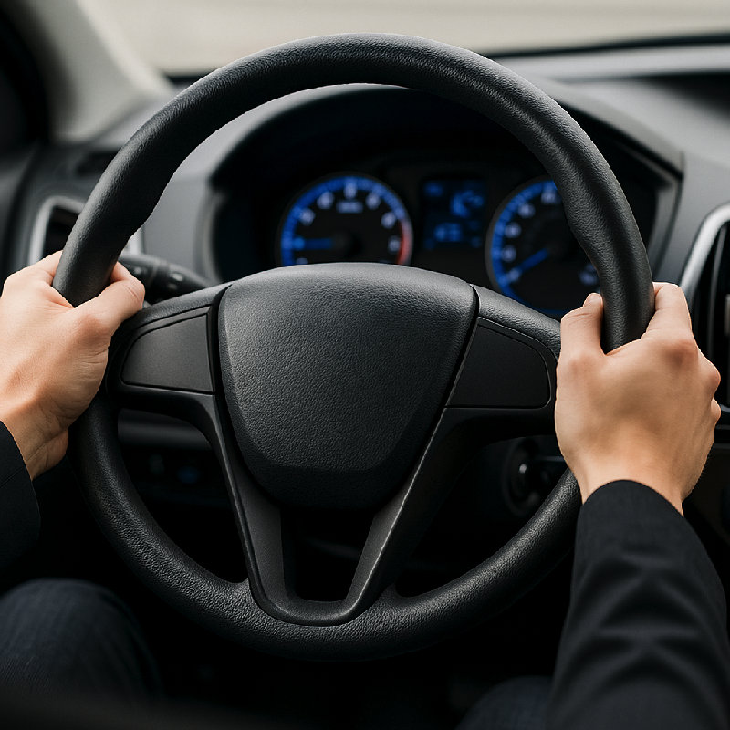 司机用双手握着方向盘。