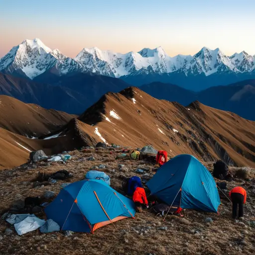 登山者在半山腰搭起了一个临时营地过夜。