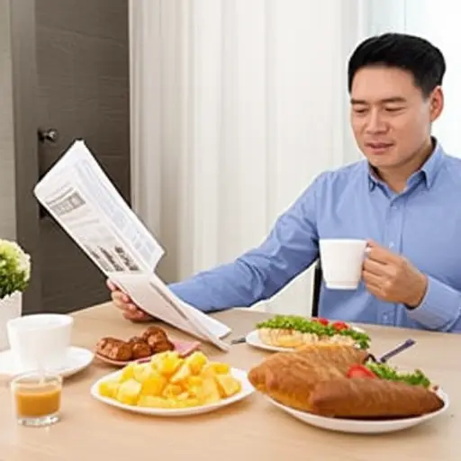 我爸爸每天早餐时读报纸。