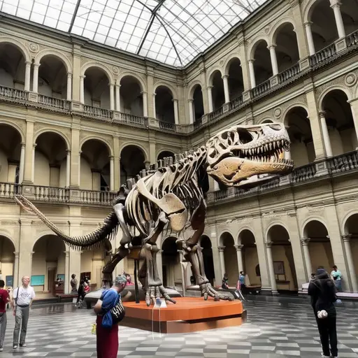 周末我们去了自然历史博物馆看恐龙化石。