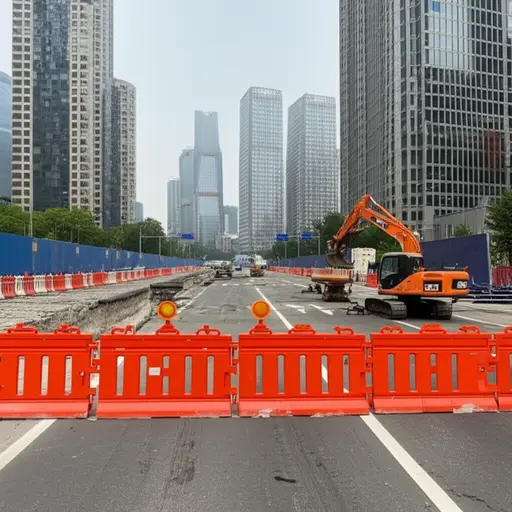 道路施工阻断了通往市中心的道路。