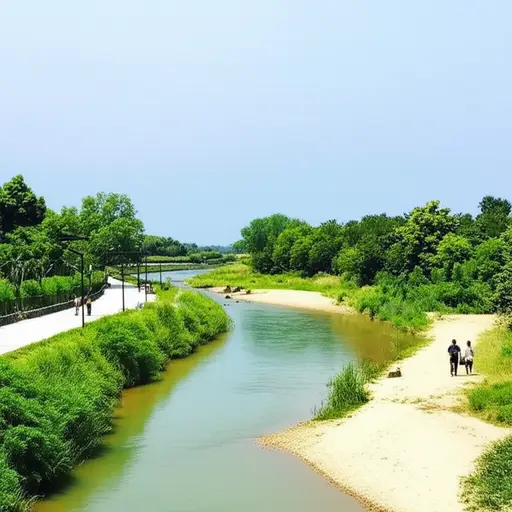 我们沿着河散步。