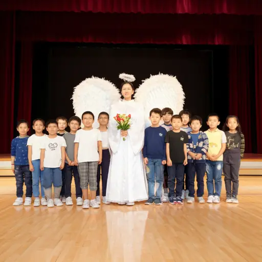 孩子们为学校话剧把他们的一个朋友装扮成了天使。
