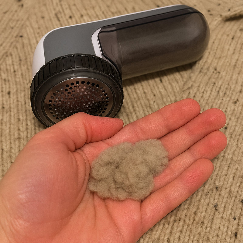 他用去毛器去除衣服上的绒毛。