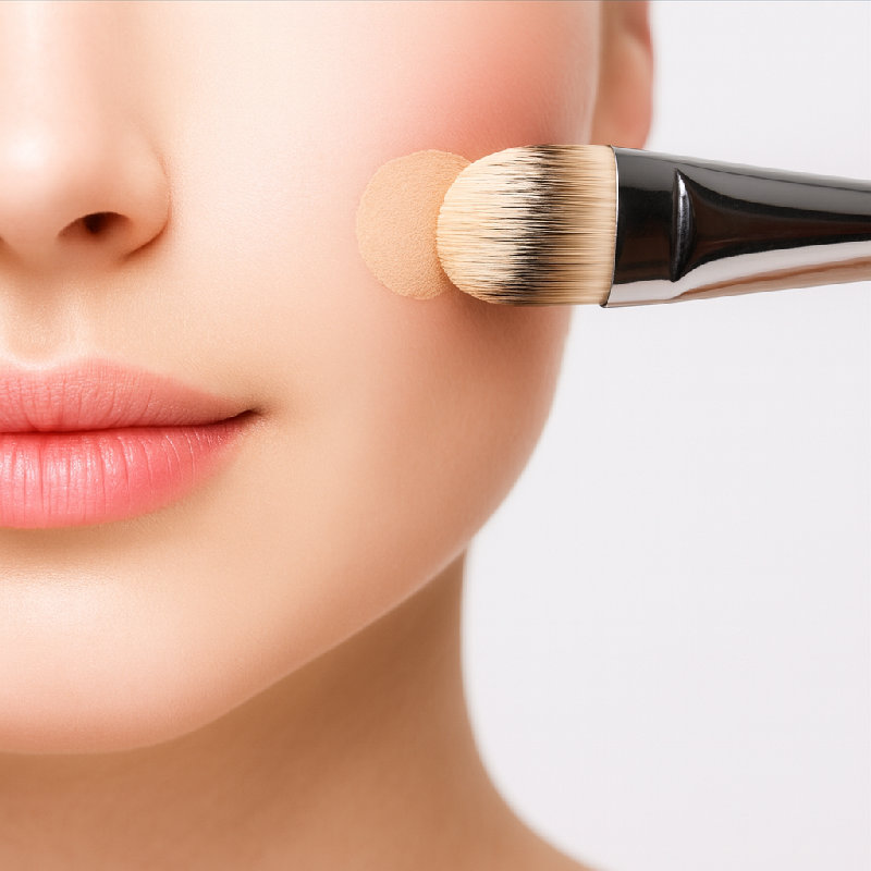 她涂抹了粉底来均匀肤色。