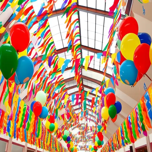 他们用气球和彩旗装饰了大厅。