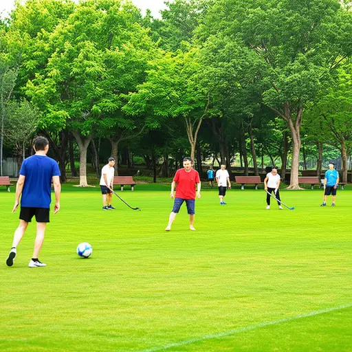 我们在公园里踢了足球，也打了曲棍球。