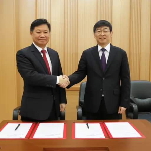 两位领导人在签署协议后握手。