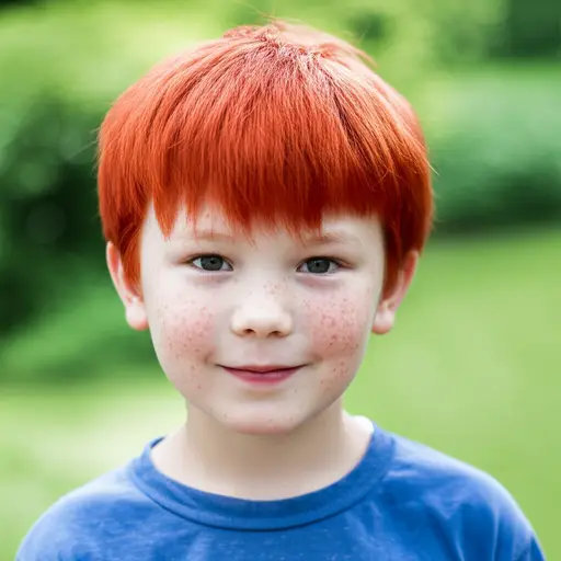 我表弟有红头发和雀斑。