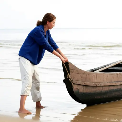 她把沉重的独木舟拖到了水边。