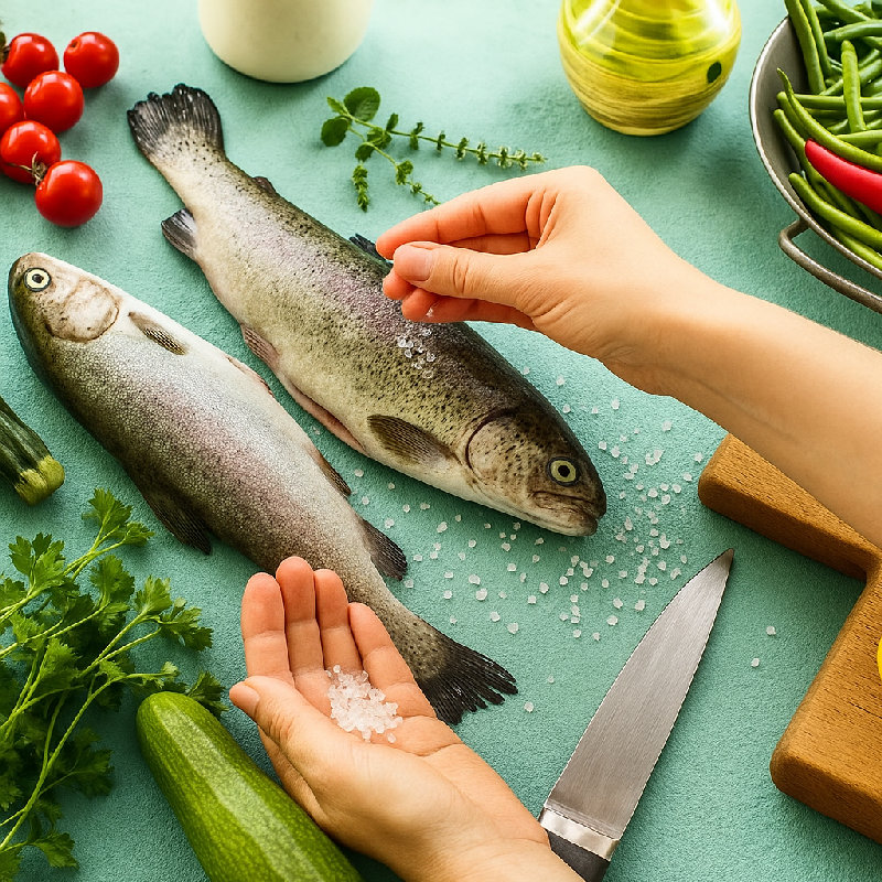 用盐给鱼调味。