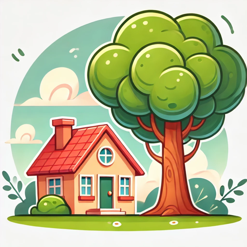 有一棵树在房子的前面。