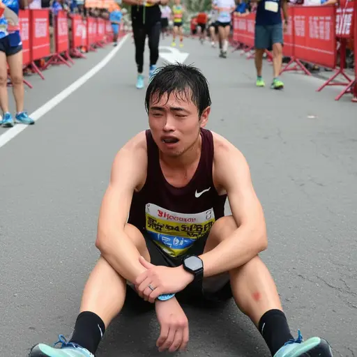 完成马拉松后，他完全精疲力尽了。
