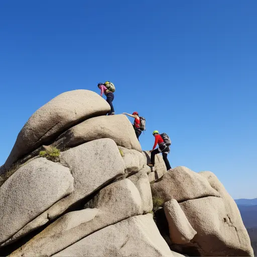 我们爬过岩石到达山顶。