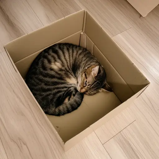 那只猫躲在空纸箱里。