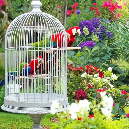 在花园里，你能看到许多色彩斑斓的鹦鹉在一个笼子里。