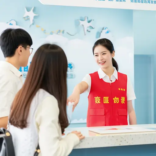 一名志愿者将迷路的游客带到了问讯处。