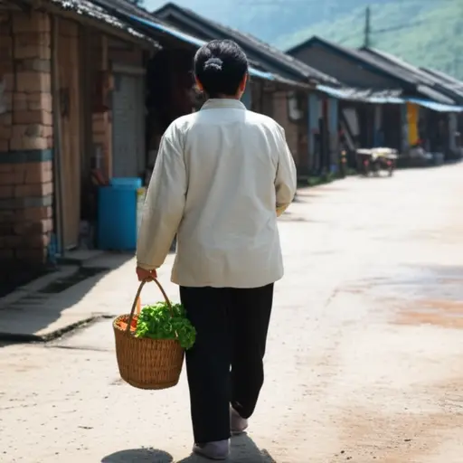 她提着装满杂货的篮子从市场回来。