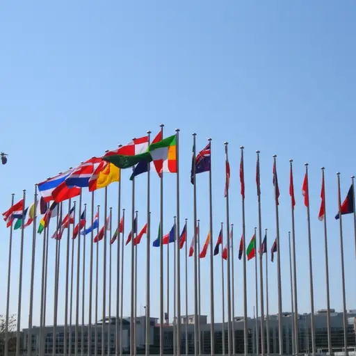 所有二十七国的国旗都在大楼外飘扬。