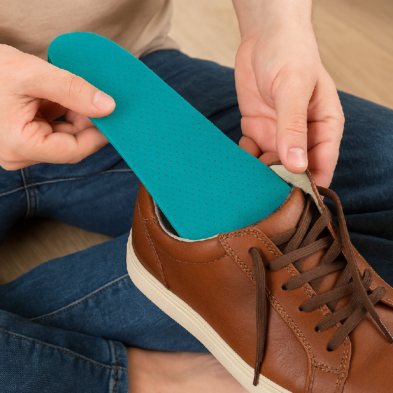 他买了新的鞋垫，让鞋子穿起来更舒服。