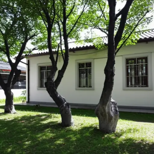 这座房子有一个宁静的后院，有几棵树可以遮荫。