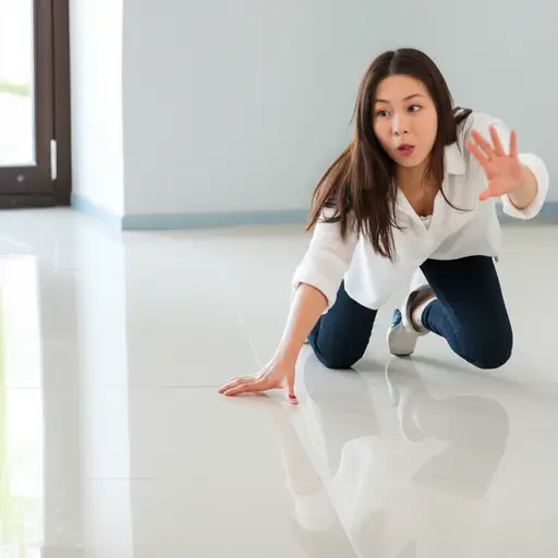 她在湿滑的地板上失去了平衡，差点摔倒。