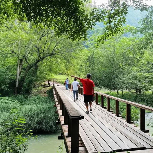 我们穿过了一座跨越小溪的狭窄桥梁。