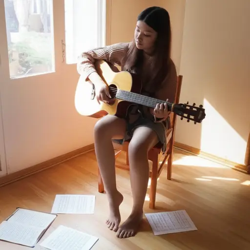 经过多年的练习，她成为了一位技艺娴熟的自学吉他手。